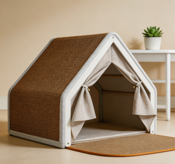 Wooden Cat House with Curtains & Sisal Scratch Mat, Grey