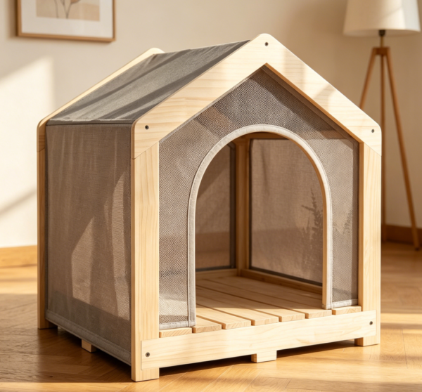 Solid Wood Dog House with Washable Cover, up to 70 lbs