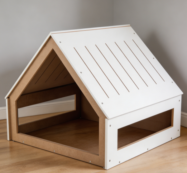 Wooden Dog House with Cushion & Vents, White, up to 80 lbs