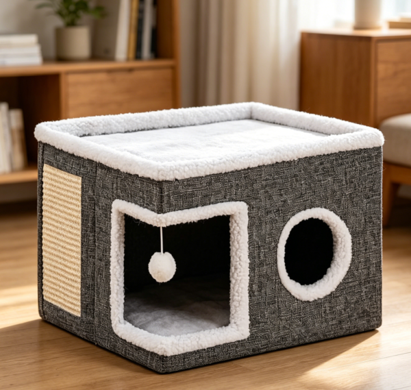Foldable Cat Cave with Toy & Scratch Pad, Grey
