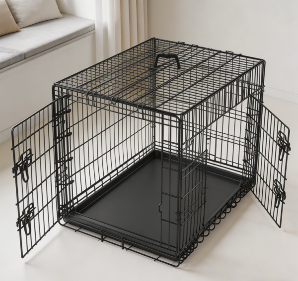 Double-Door Folding Dog Crate with Divider, Black