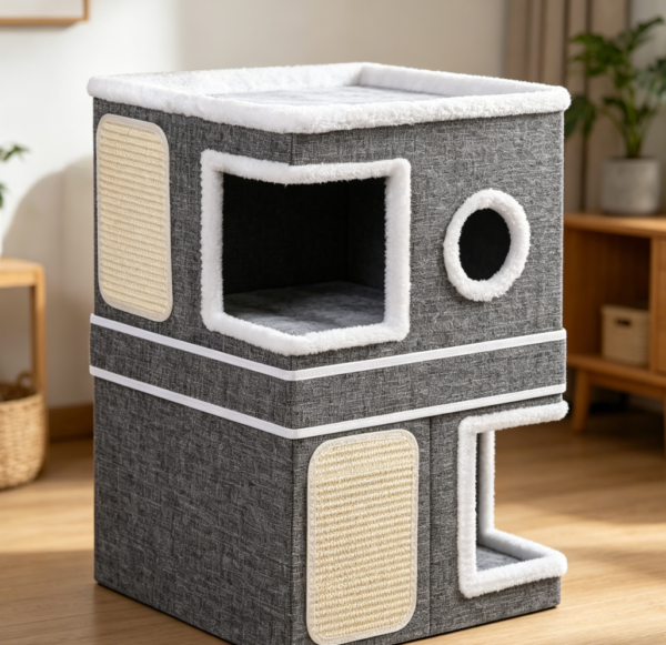 2-Storey Foldable Cat Cube House with Scratch Pads, Grey