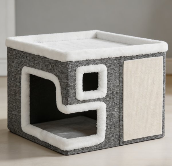 Foldable Cat Cave with Scratch Pad & Toy, Grey